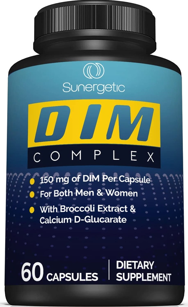 Sunergetic Premium DIM Supplement – 150mg diindolylmethane, Broccoli, Calcium D-Glucarate & Bioperine for Men & Women – DIM Complex for Menopause Support & Balance - 60 Capsules
