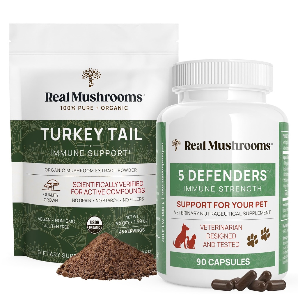 Echte champignons Turkije staartpoeder voor mensen (45 porties) & Turkije staart voor huisdieren (90ct) - Poeder & Capsules bundel voor Immune Support - Veganistisch, non-GMO, Grain-Free, Gluten-Free