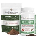 Echte champignons Turkije staartpoeder voor mensen (45 porties) & Turkije staart voor huisdieren (90ct) - Poeder & Capsules bundel voor Immune Support - Veganistisch, non-GMO, Grain-Free, Gluten-Free