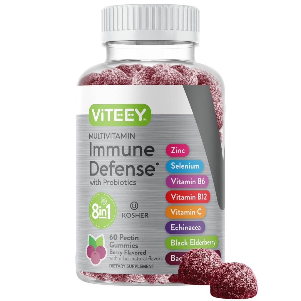 Viteey Multivitamine Gummies 8 in 1 Immuun Ondersteuning Supplement met Probiotica - Immuun Boosters voor volwassenen & tieners - Vegetarisch, Gelatine Vrij, GGO Gratis - Kauwbare Berry Flavored Pectin Immuun Defense
