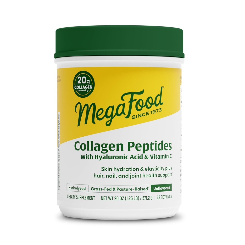 MegaFood Collagen Peptides for Women & Men - Unflavored Collagen Powder with Hyaluronic Acid & Vitamin C - Supports Skin Hair Nails & Joint Health - 20g Grass Fed Bovine Collagen - 20oz, 28 Servings