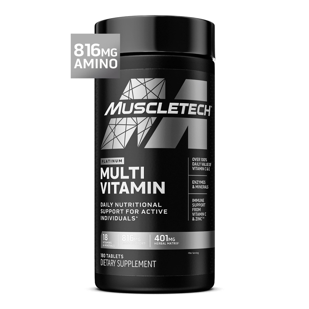 Muscletech Platinum Multivitamines voor mannen en vrouwen - Multi-Vitamine Supplement voor Immune Ondersteuning - 18 Vitaminen en Mineralen, Vitamine A C D E B6 B12 - Dagelijkse training supplementen voor mannen - 180 Capsules