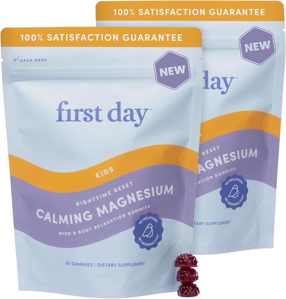 Premier jour Magnésium pour les enfants Gummies – Calm Kids Magnésium Citrate Gummies pour soutenir le sommeil et la détente – Supplément temps de lit avec Suntheanine® L-Theanine, NO Mélatonine - Fraise - 30 jours d'approvisionnement