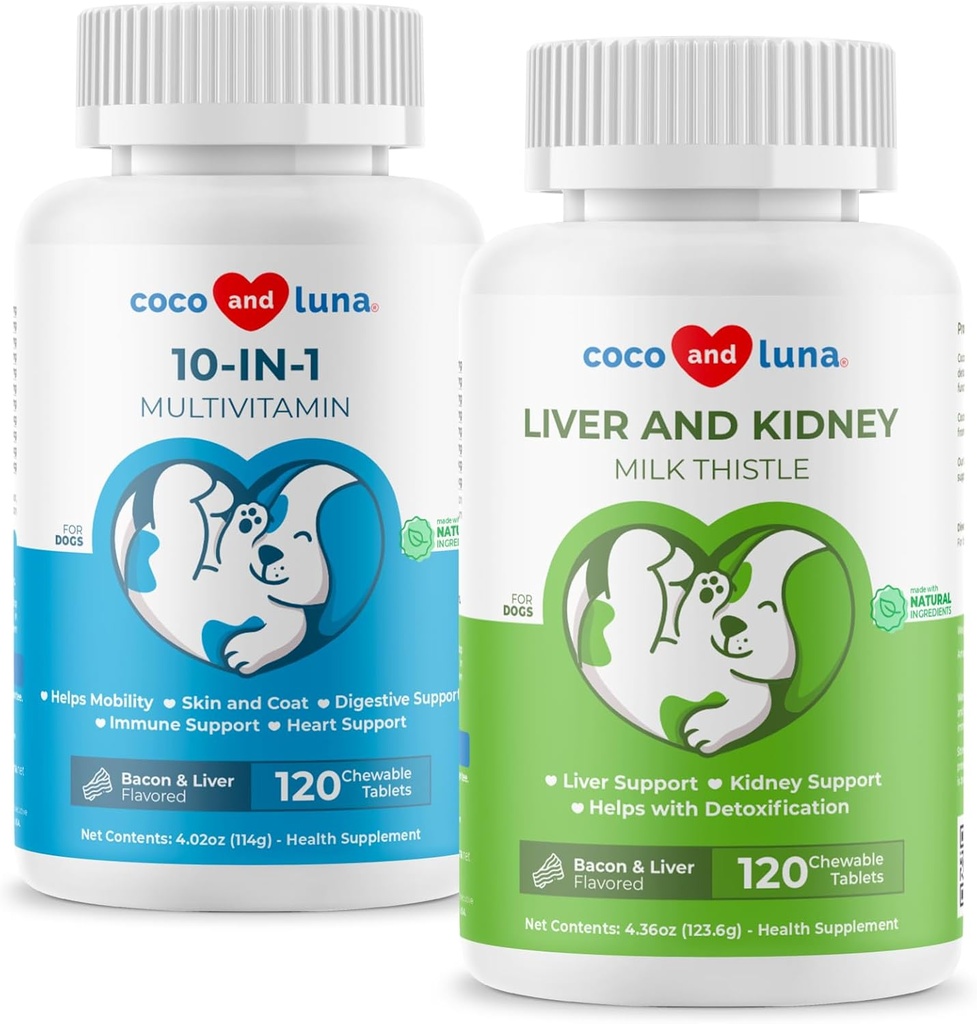 Thistle de lait + 10 en 1 Multivitamine pour chiens - Soutien du foie, santé de la peau et du manteau, santé digestive, soutien de la hanche et des articulations et santé cardiaque.