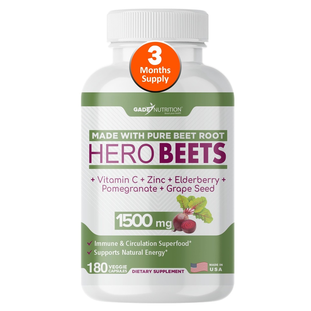 Gade Nutrition Hero Beet - Beetwortel Capsules 1500mg - Biologische bietenwortelpoeder + vitamine C Zink, vlierbes, granaatappel, druivenzaadextract - 3 maanden levering