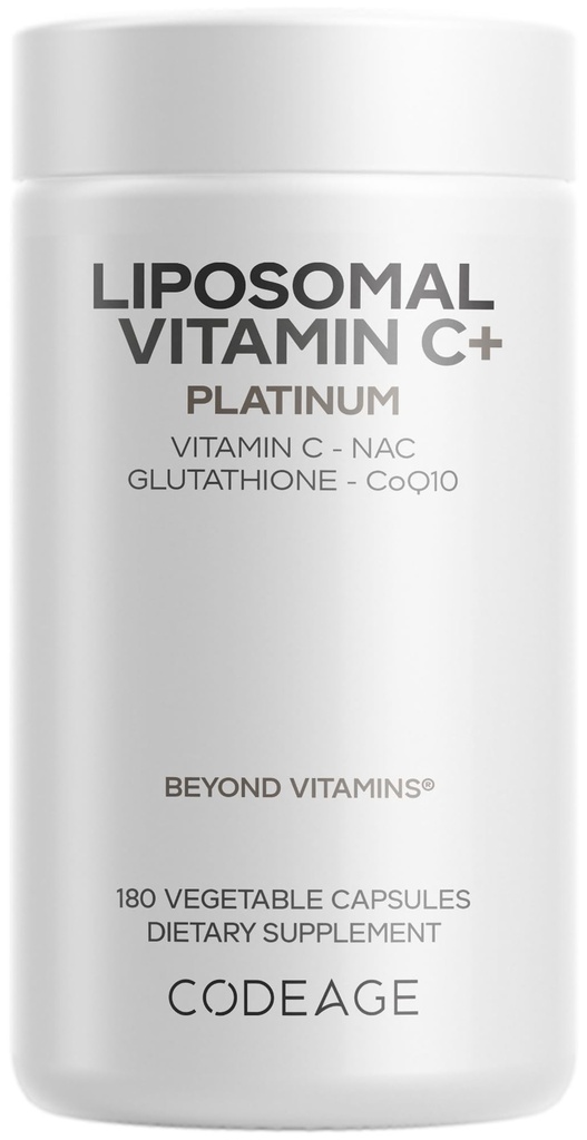 Codeage Liposomale Vitamine C+ Platinum - 1000 Mg Vitamine C Vitaminen, Glutathion, NAC (N Acetyl Cysteine), Resveratrol, CoQ10, Rutin, Vlierbessen, Quercetin, Rosehip, Citrus Bioflavonoïden - 180 Capsules