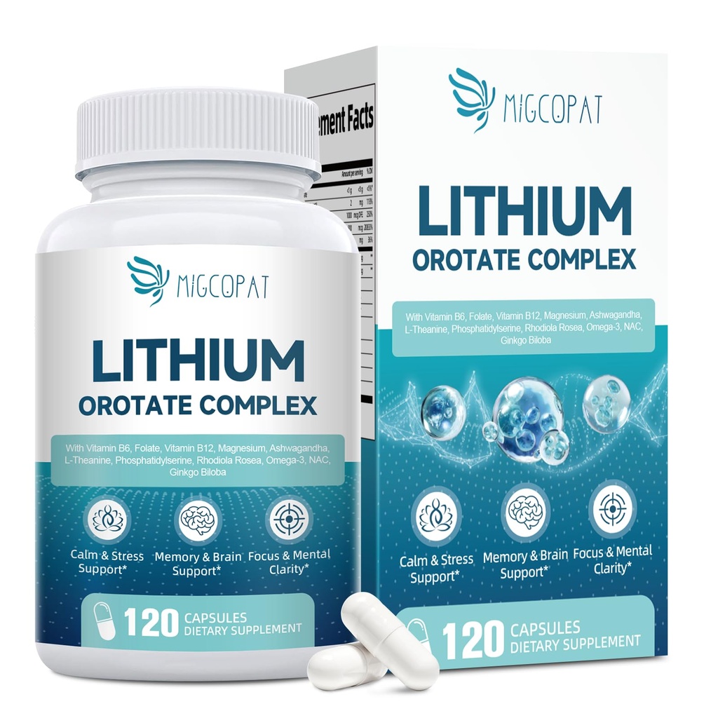 Lithium Orotate Complex | Magnesium Glycinate, Lithium Orotate 10 mg, Ashwagandha, NAC & Omega-3 | Brain Health Lithium Supplements for Cognitive, Mood & Memory – Non-GMO, 120 Vegan Capsules