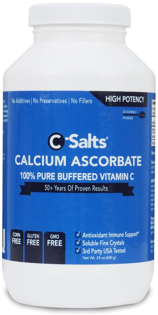 C-Salts Pure Calcium Ascorbate Vitamin C Powder - Non-Acidic Sugar-Free Buffered Powdered Drink for Immune Support - Antioxidant Protection for Overall Wellness - Perfect for Drinks or Recipes, 24 oz