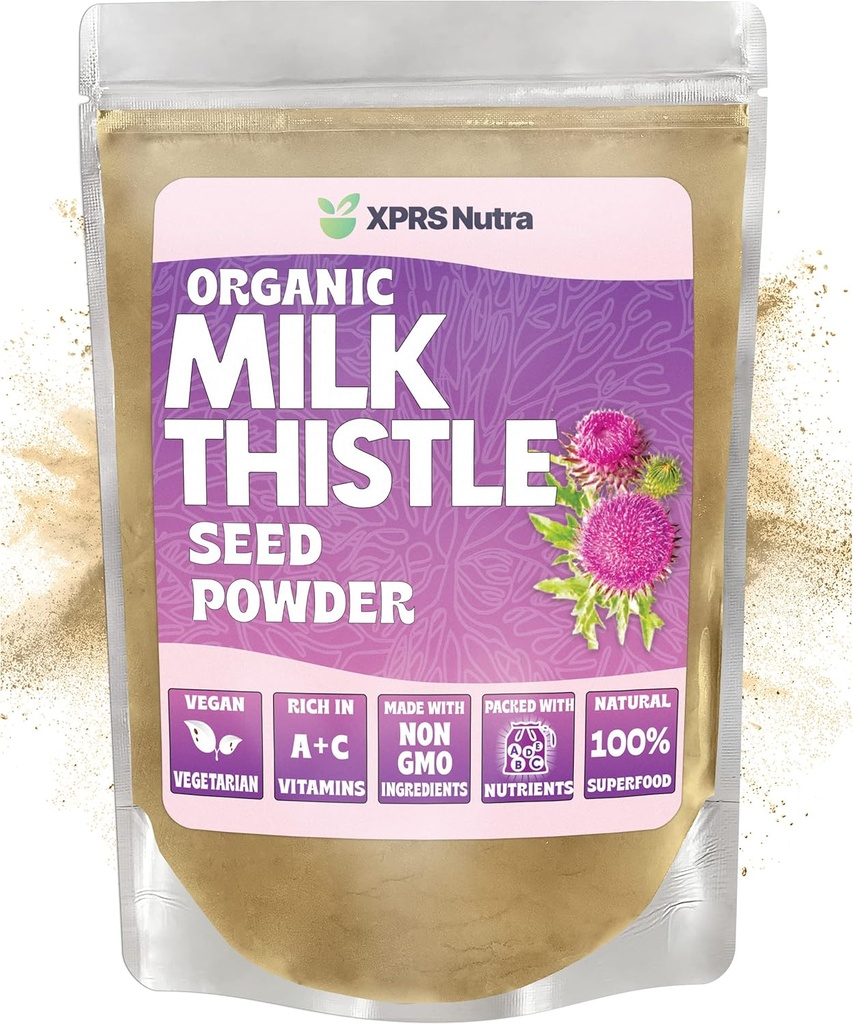 XPRS Poudre de graines de chardon de lait biologique Nutra - Poudre de chardon de lait premium riche en silymarin et antioxydants - Graines de chardon de lait soutiennent la santé du foie - Le chardon de lait biologique (8 once)