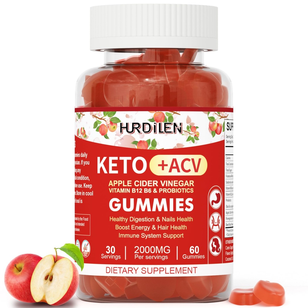 Keto ACV Gummies - 2000mg Apple Cider Vinegar Gummies with Probiotics, Vitamin B12 & B6 for Digestie, Energy Boost, Immunization & Hair Health - 60 Count No Sugar, Non-GMO, Glutenvrije voor vrouwen mannen