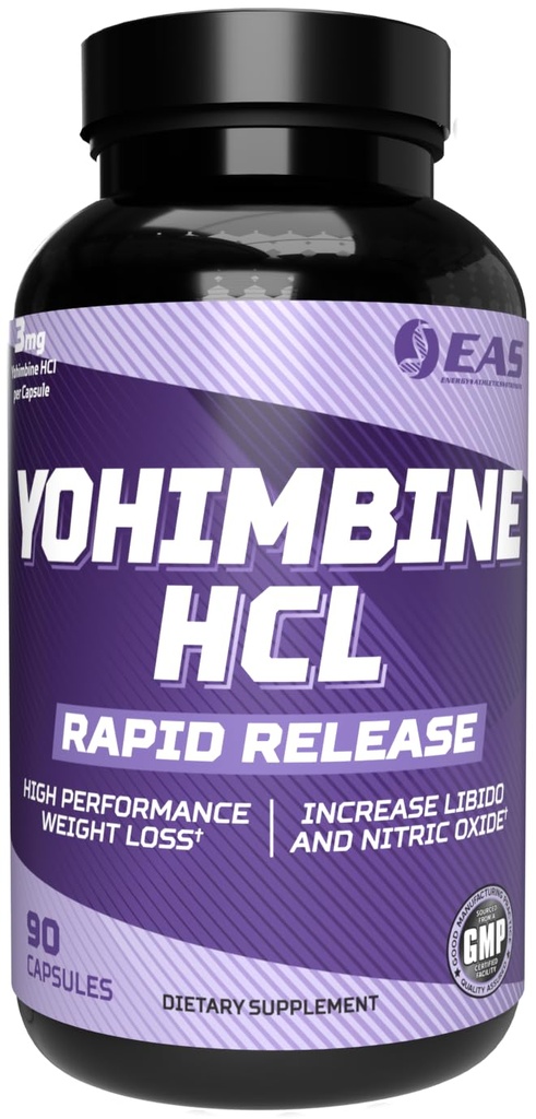 EAS Yohimbine HCL | Improved Weight Loss & Athletic Performance | Rapid Release Technology | Gluten Free, Non GMO, Vegetarian Friendly | 90 Capsules