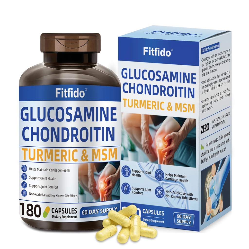 Glucosamine Chondroitin MSM en Kurkuma supplement - gebruikt voor cartilage en gezamenlijke gezondheid en flexibiliteit - voor vrouwen en mannen - niet-GMO, glutenvrij, 180 capsules