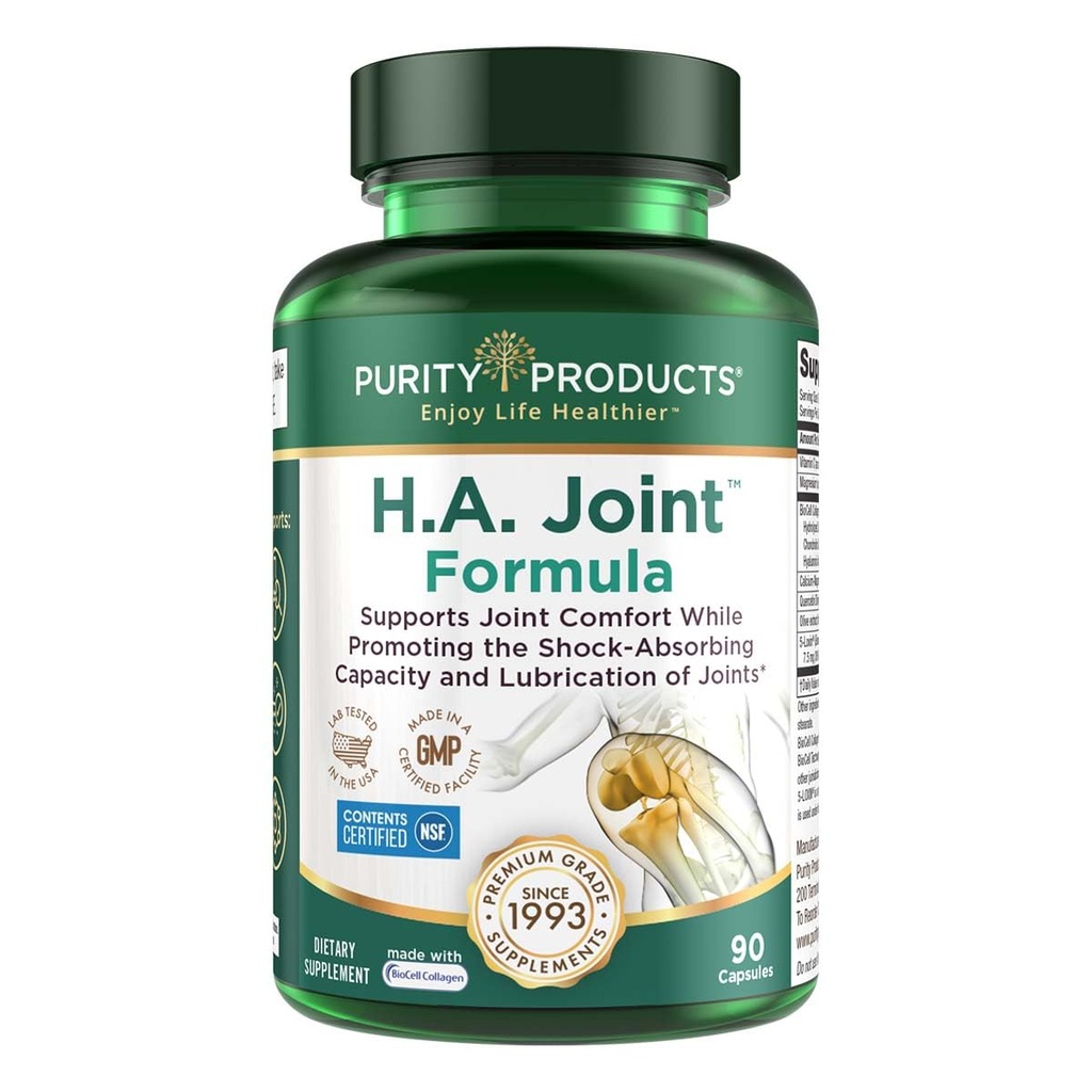 Purity Products HA Joint Formula Hyaluronic Acid + Key CoFactors - Joints + Skin Multi Collagen (Type I, II & III) - 5-Loxin - Olive Fruit Extract - Joint Flexibility + Mobility - 90 Caps