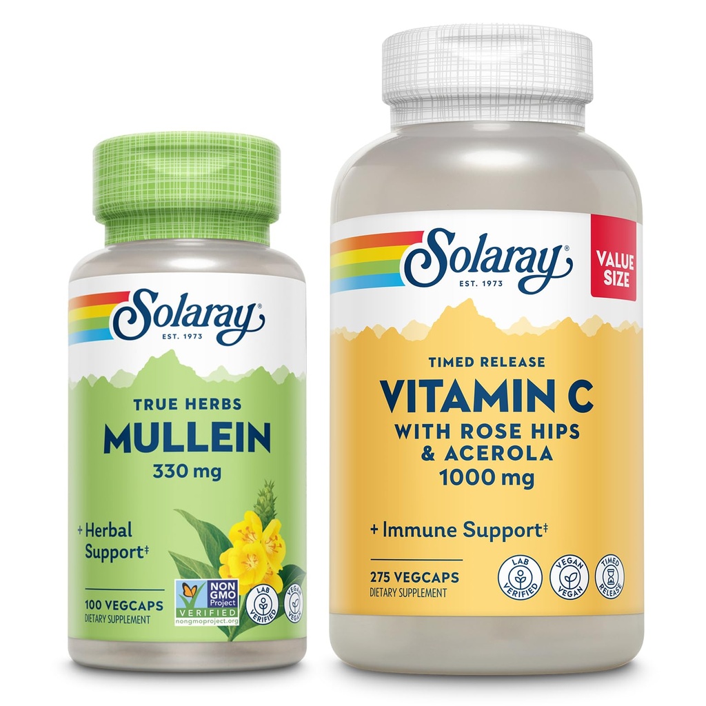 SOLARAY Vitamine C 1000mg et Mullein Leaf Wellness Bundle - Supplément de vitamine C à libération dans le temps et capsules Mullein, traditionnellement utilisés pour le bien-être - Vegan, garantie de 60 jours, 275/100 VegCaps