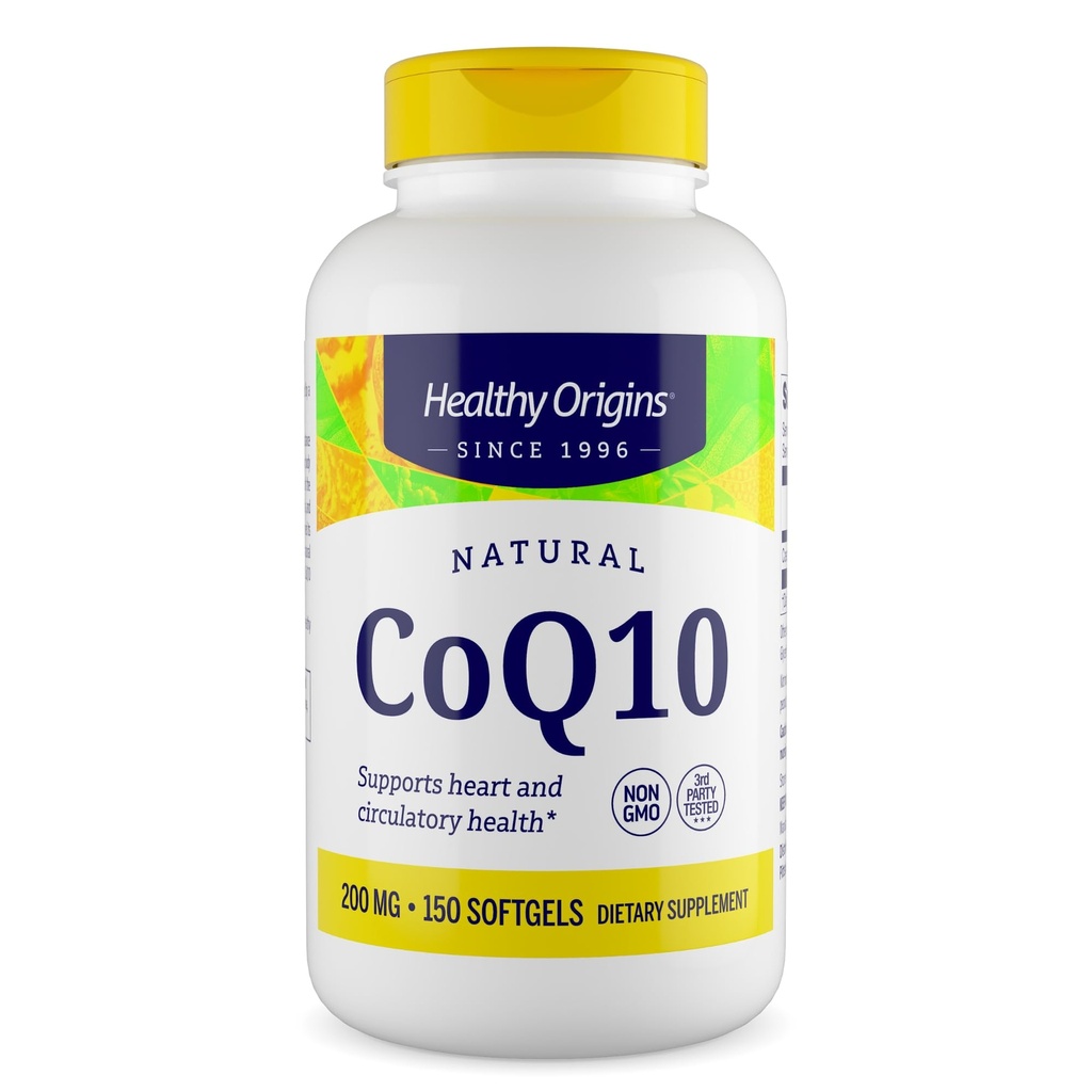 Healthy Origins CoQ10 200 mg, 150 Softgels - Natural Trans-Isomer Ubiquinone, Yeast Fermented High Bioavailability Coenzyme Q10 Supports Heart Health & Cellular Energy - Antioxidant Supplement