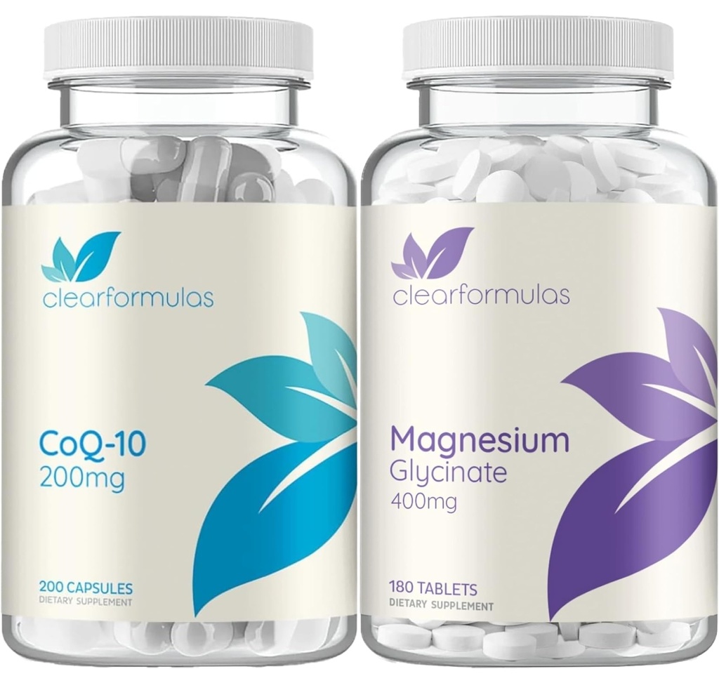 Clear Formulas Magnesium Glycinate & CoQ10 200mg Bundle | Energy Mood and Brain Support Bundle with High Absorption Magnesium and Coenzyme Q10 Supplements