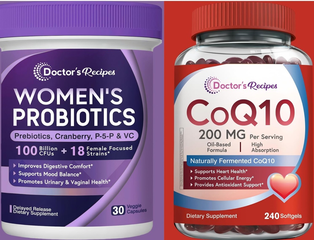 Doctor's Recipes CoQ10 200mg 240 Softgels & Women's Probiotics 100B 30 Vegan Capsules, Heart & Vascular Health, Vaginal & Urinary Tract, Digestive Health
