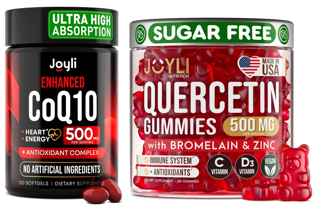 Quercetin avec Bromelain & CoQ10 500mg Bundle – 120 Coenzyme Q10 Softgels + 60 gommes Quercetin sans sucre avec Zinc, Vitamine C & D3 – Immune, Heart & Energy Support – Suppléments fabriqués aux États-Unis