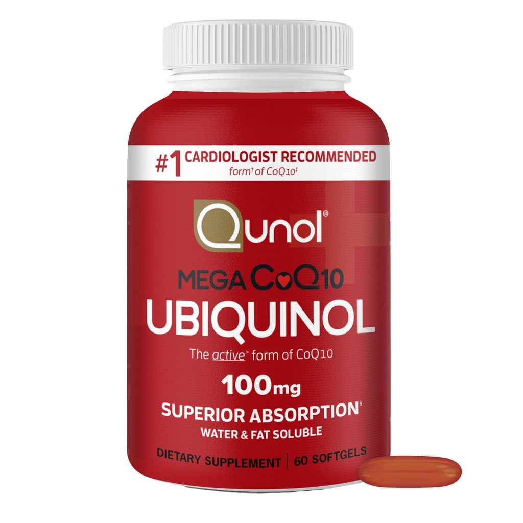 Qunol Ubiquinol CoQ10 100mg Softgels, Qunol Mega Ubiquinol 100mg - Absorption supérieure - Forme active de Coenzyme Q10 pour la santé cardiaque - 2 mois d'approvisionnement - 60 Compte