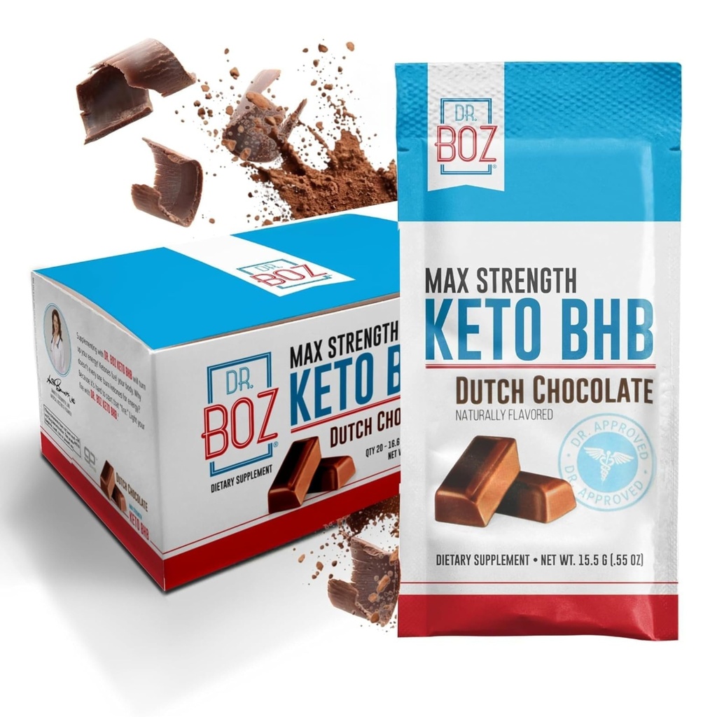 Dr Boz - Poudre Keto BHB - Chocolat hollandais, 20 sachets - Augmenter l'énergie et réduire les crampes - Supplément alimentaire Max Strength - États-Unis - 11,7oz (332g)