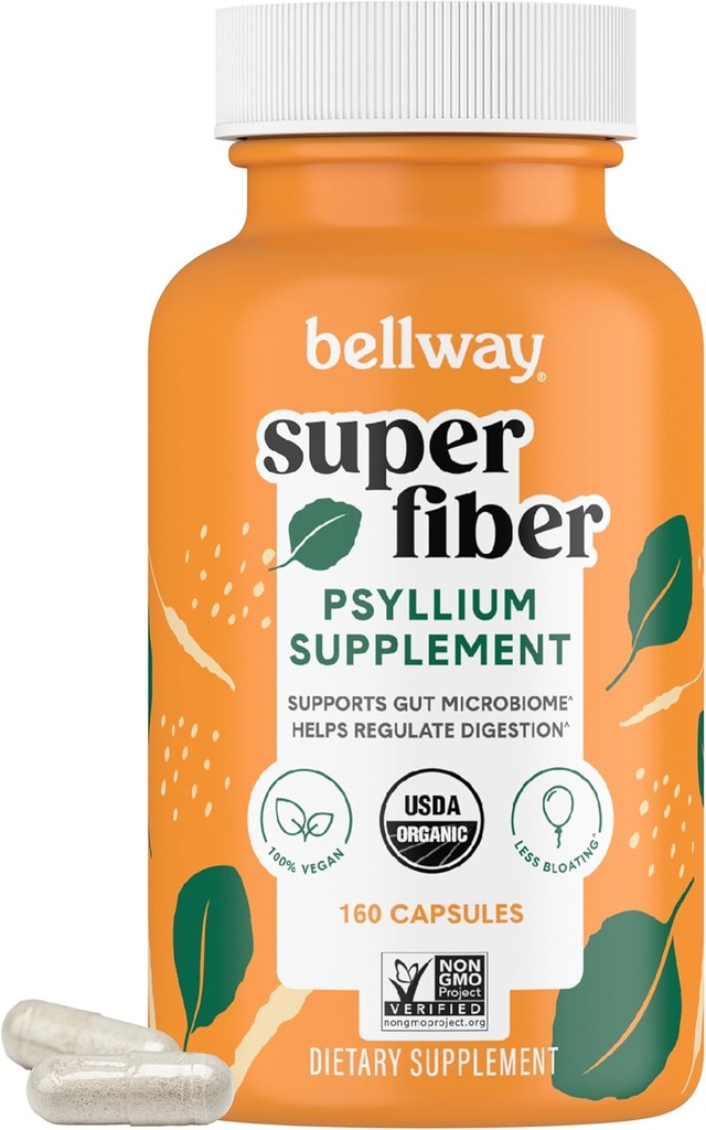 Bellway Super Fiber Capsules - USDA Biologische Psyllium Husk Capsules - Daily Psyllium Husk Fiber Supplement for Digestive Health and Regularity - Plant Based, Non-GMO, Kosher - 160 Capsules