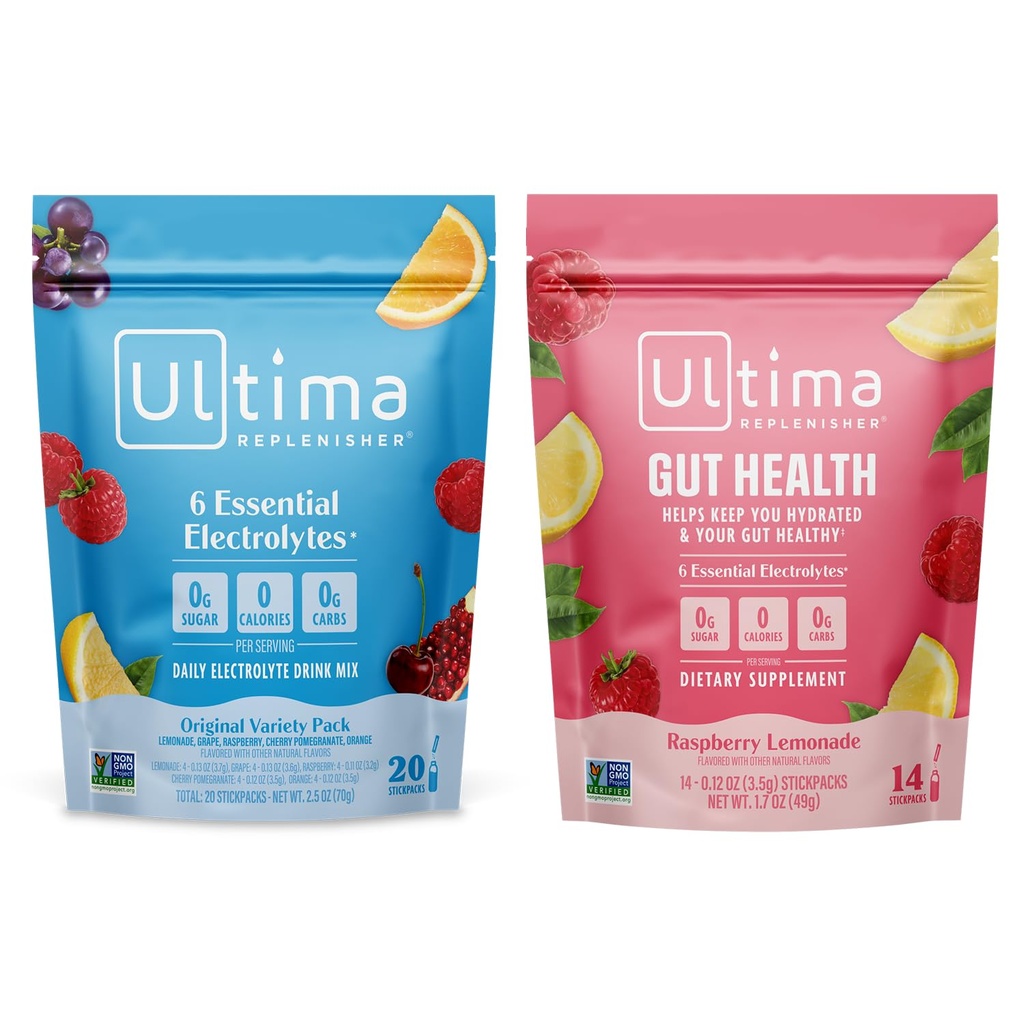 Ultima Replenisher Electrolyte Powder Drink Mix Bundle – Sugar Free – Variety, Gut Health – 20 Stickpacks, 14 Stickpacks – 6 Electrolytes and Minerals – Keto Friendly, Vegan, Non-GMO
