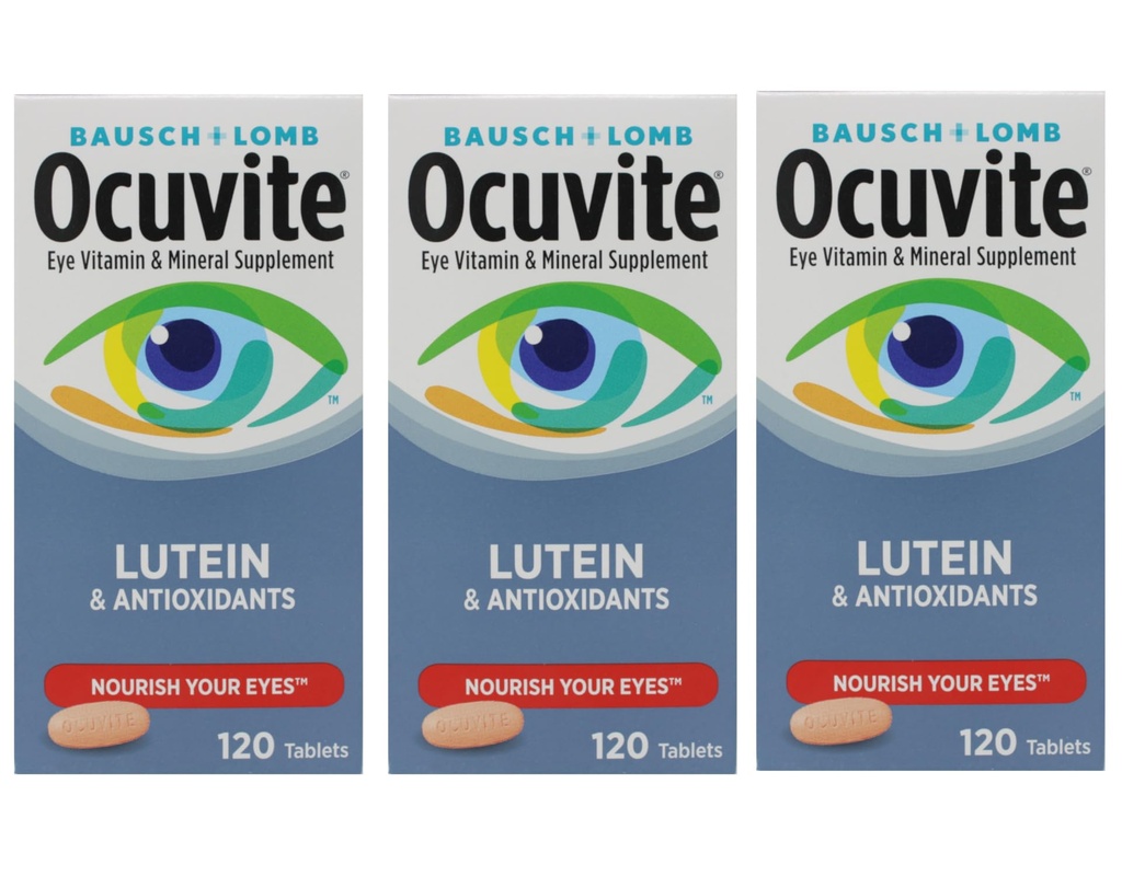 Bausch + Lomb Ocuvite Comprimés de vitamines et suppléments minéraux avec lutéine, 120 bouteilles de comptage (paquet de 3)