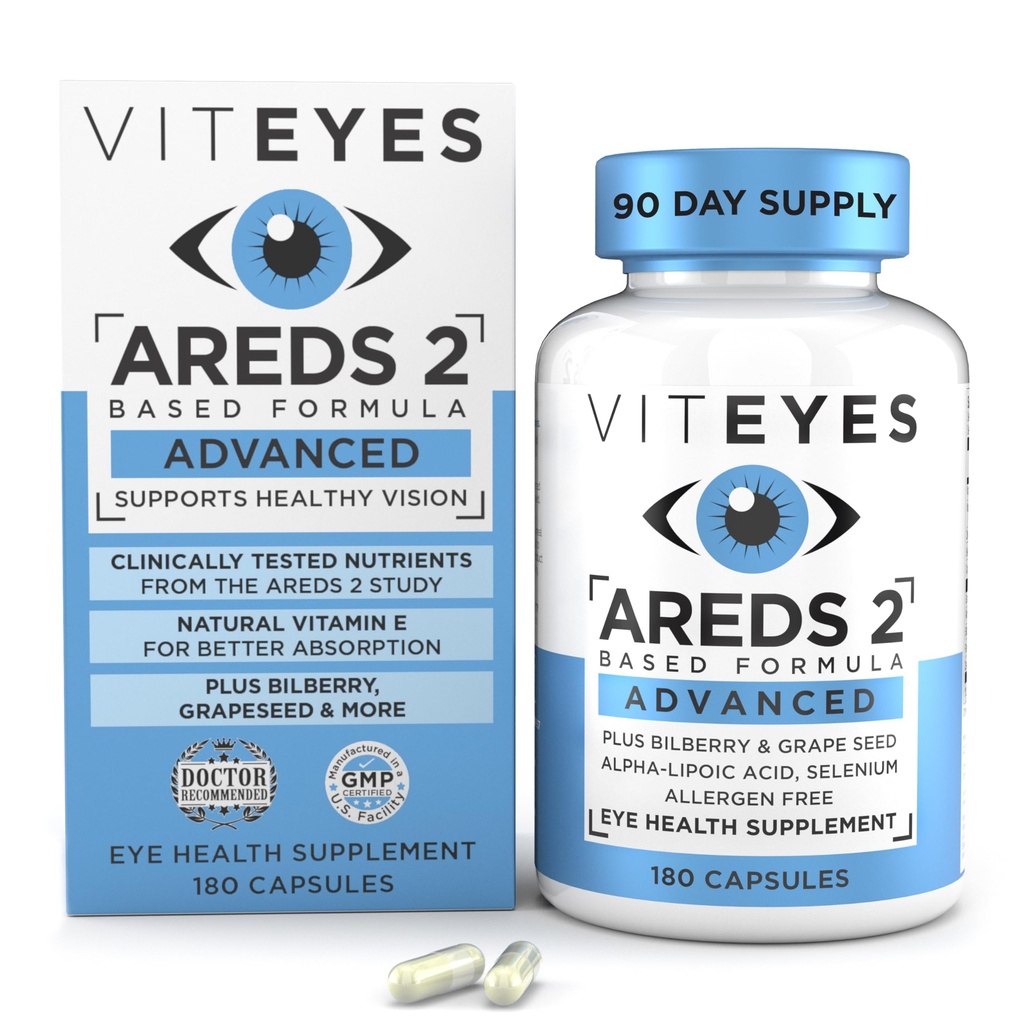 Viteyes AREDS 2 Advanced Eye Vitamins, Macular Ondersteuning met bosbessen, druivenzaad, FLORAGLO Lutein, Selenium, Natuurlijke Vitamine E, Allergenen Vrij, Vision Protection, Eye Doctor Trusted, 180 Tel.