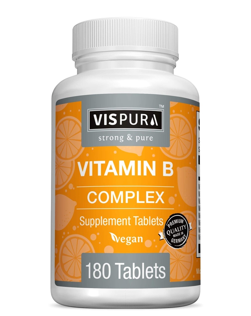 Complex vitamine B, 180 comprimés véganiens, toutes les vitamines B incluant B12, B1, B2, B3, B5, B6, B7, B9, acide folique, pour le stress, l'énergie et un système immunitaire sain*, supplément naturel sans additifs