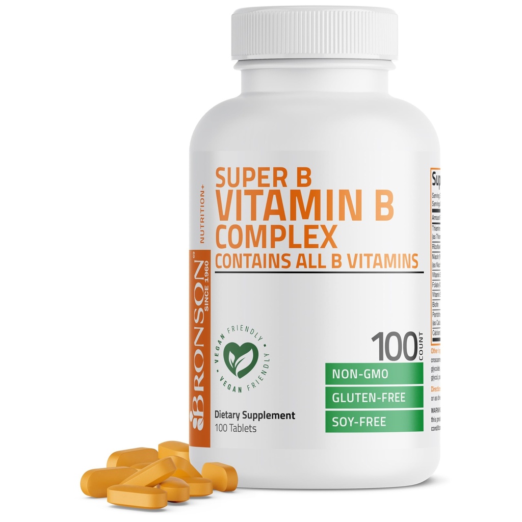 Complexe de vitamine B de Bronson (vitamine B1, B2, B3, B6, B9 - acide folique, B12), 100 comprimés