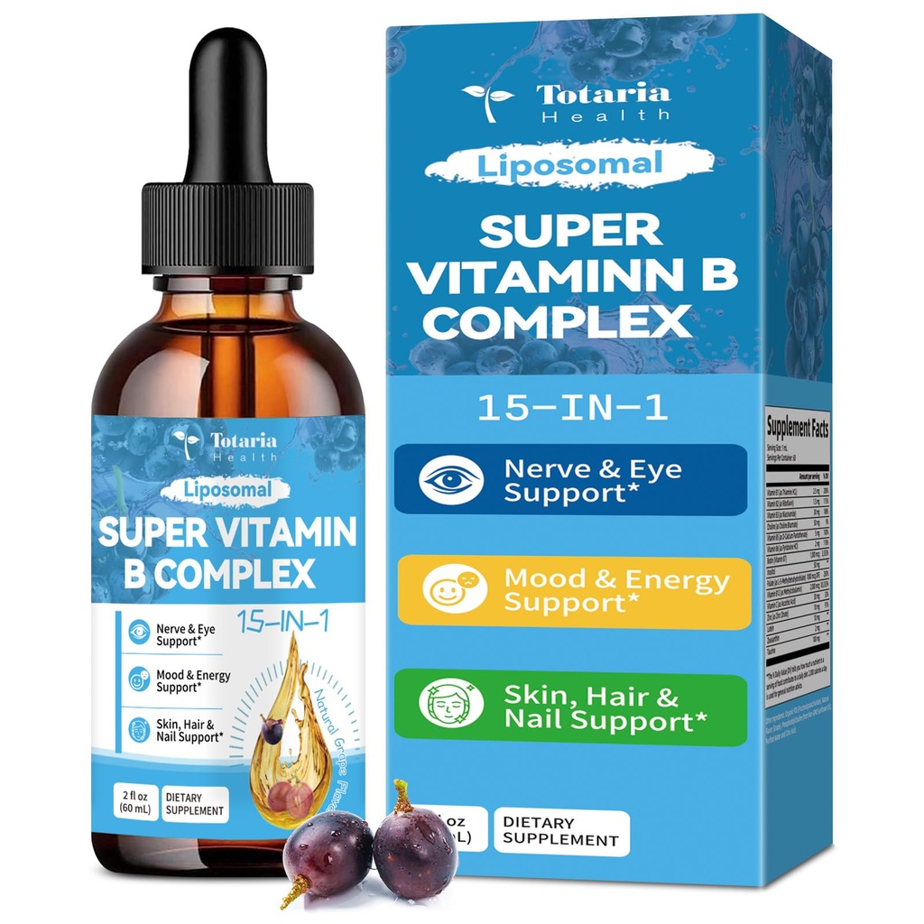 15-en-1 Liposomique Vitamine B complexe Pro, sans sucre B complexe gouttes avec B1, B2, B3 Niacinamide, Choline, B5, B6, B7 Biotine, Inositol, Folate, B12, Zinc, Lutéine, Zeaxanthin, Taurine & Vit. C, 2 fl oz