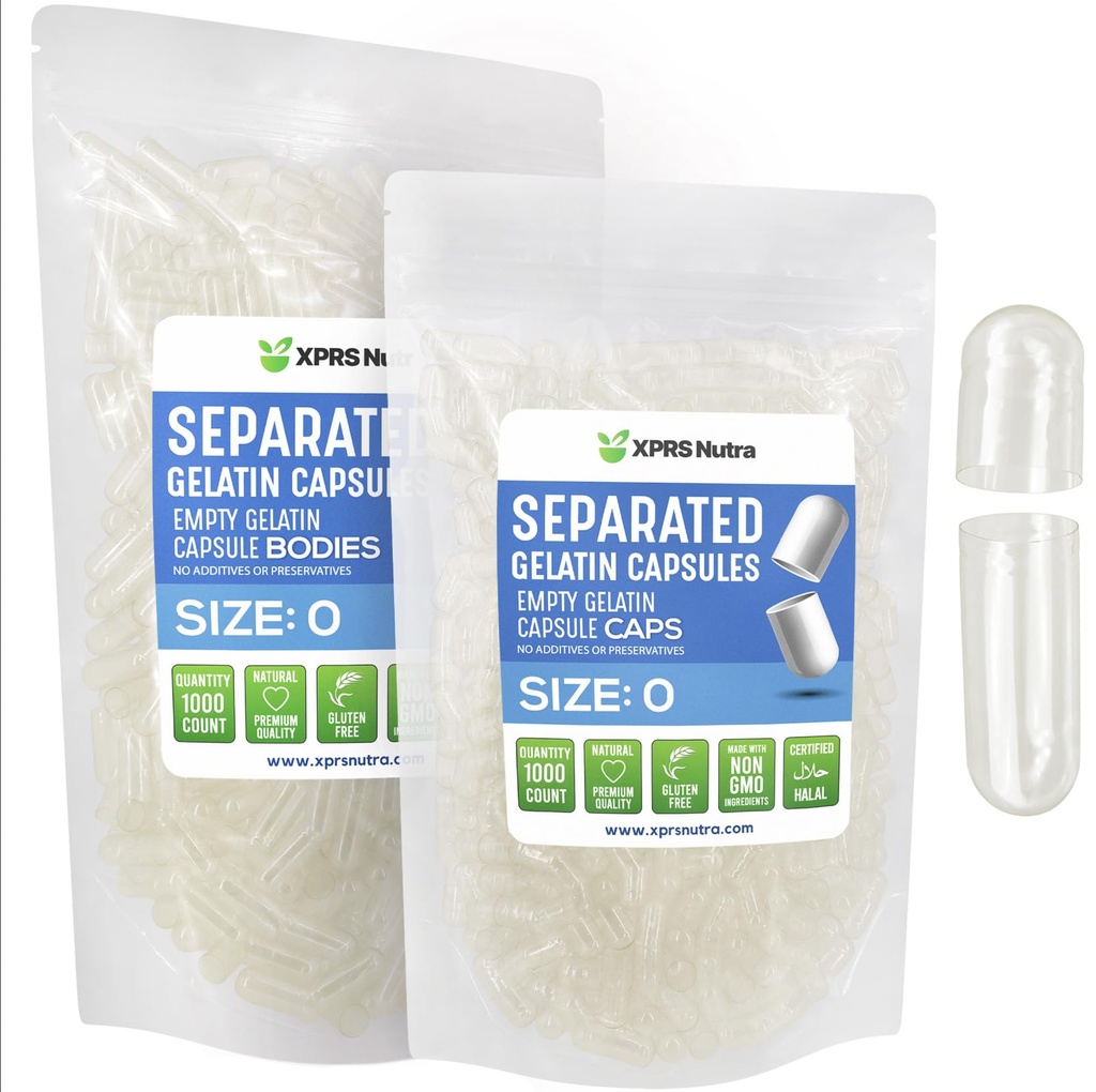 XPRS Nutra Gelatine Maat 0 Gescheiden Capsules - 1000 Tel leeg Lege Capsules gescheiden in zakken - Maat 0 Gelatine Heldere Gel Caps voor DIY supplement vullen