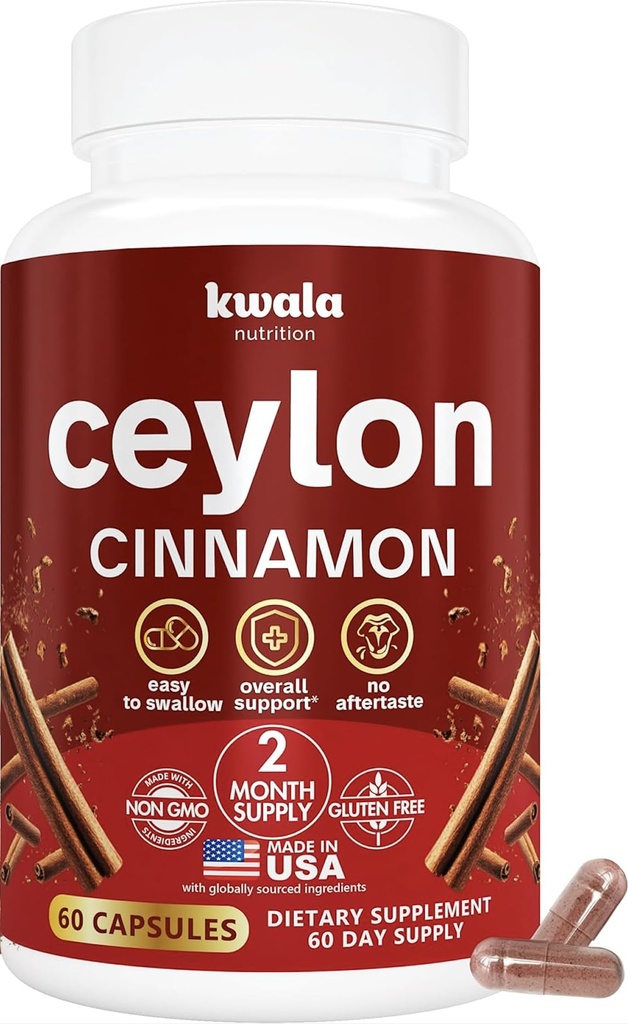 Kwala Nutrition Ceylon Cinnamon Supplement for Heart, Balance & Antioxidant Support - Made with Organic Ceylon Cinnamon - Non-GMO, Gluten-Free, Made in USA – 60 Capsules (2 Month Supply)