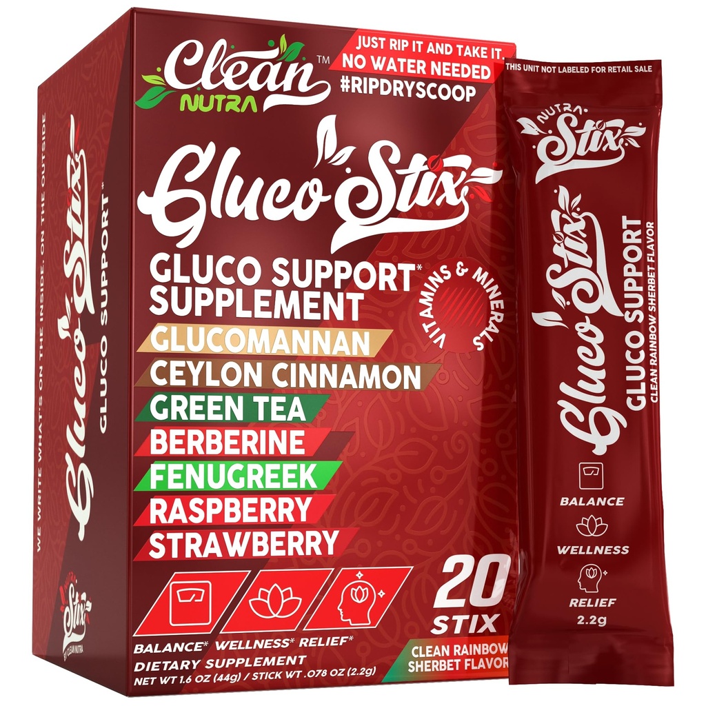 Clean Nutraceuticals Ceylon Cinnamon Powder, Green Tea Extract, Glucomannan, Berberine Supplement, Chromium Picolinate, Apple Cider Vinegar – Rainbow Sherbet Powder Sticks - 20 Count