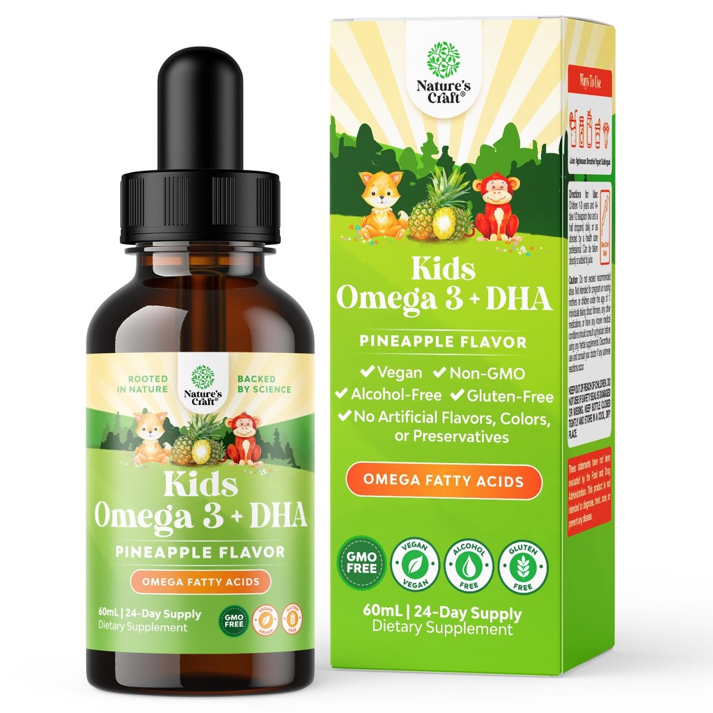 Kinderen DHA Omega 3 Drops - Vetzuren Omega 3 6 9 voor Hersenen, Immuun Kracht & Visie - Voeding DHA voor kinderen voor gezonde zenuwstelsel & Focus Ondersteuning - Liquid Supplement met EPA & ALA - 2 Fl Oz
