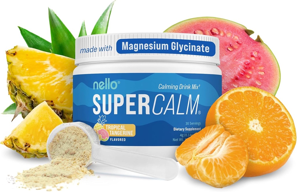 Nello Supercalm Powdered Drink Mix, Tropical Tangerine, L Theanine, Ksm-66 Ashwagandha, Magnesium Glycinate, Vitamine D 3, Supplementen voor ontspanning & Focus, Natuurlijke, Geen suiker, Niet GGO, 30 Srvg