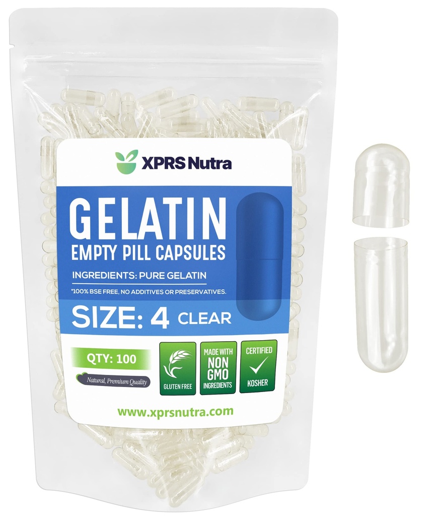 XPRS Nutra Maat 4 Lege Capsules - 100 Tellen Kleine Heldere Lege Gelatine Capsules - Pillen DIY Capsule vullen - Vulbare Pure Bovine Pill Gel Caps voor Do-It-Yourself Supplementen