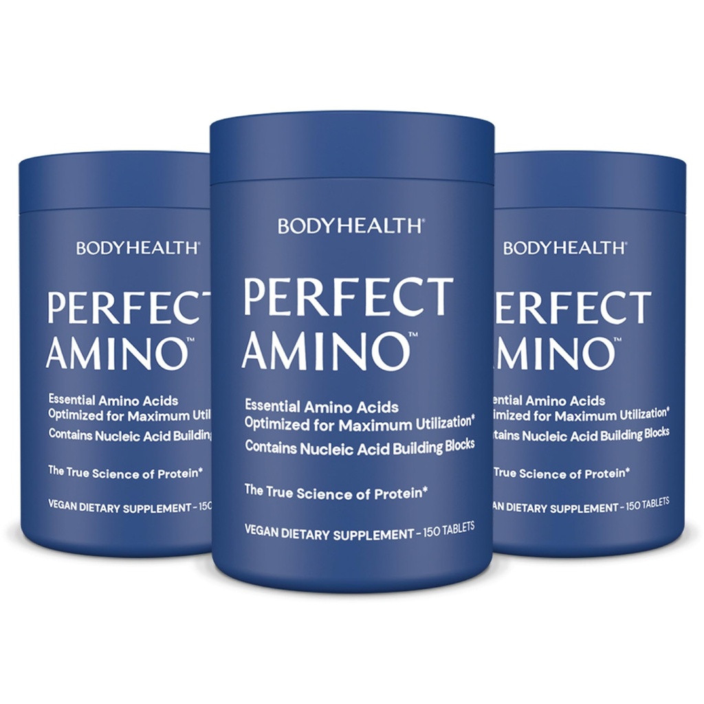 BodyHealth PerfectAmino Tablets, (3-Pack) Essential Amino Acid with BCAAs + Lysine, Phenylalanine, Threonine, Methionine, Tryptophan, Supplement for Muscle Mass Production, Recovery & Strength