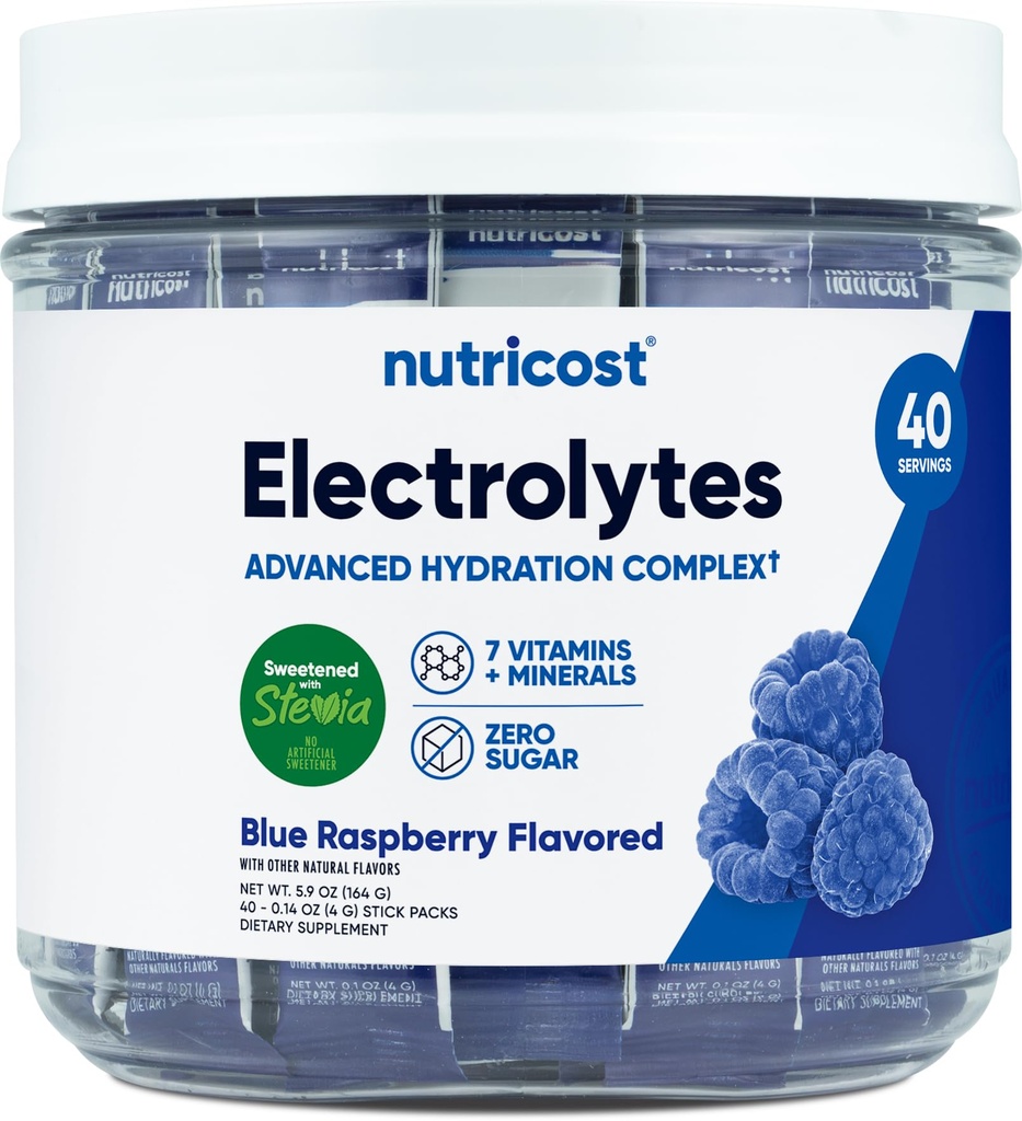 Nutricost Electrolytes Complex, Blue Raspberry Flavored, 40 Stickpacks - Advanced Hydration Complex