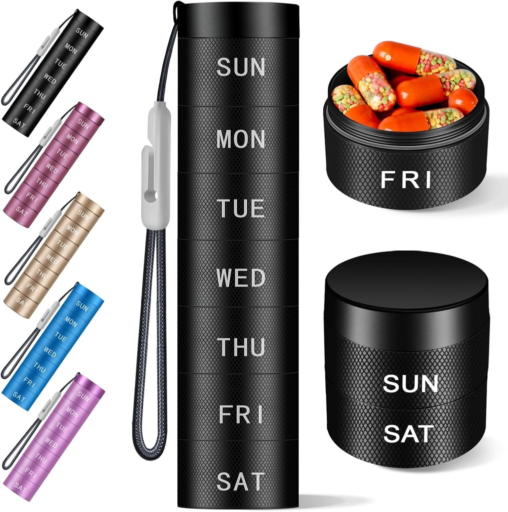 Aluminium Travel Pill Organizer,Weekly Metal Pill Case,Pill Holder, Vocht Proof Waterproof Daily Pill Box 7 Dag, Grote pil Container om vitamines te houden, Medicatie,Suplements Black Knurling