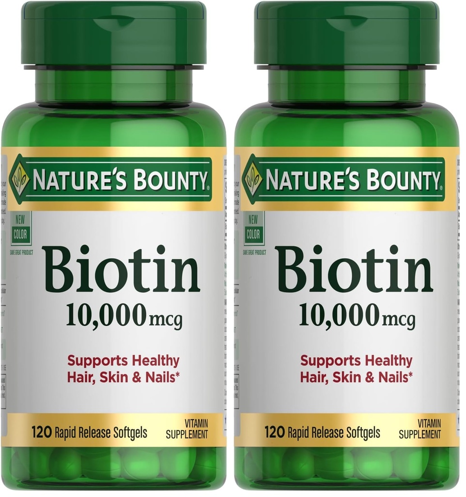 Nature's Bounty Biotin Hair Skin and Nails Vitamines, Ondersteunt gezond haar, huid en nagels, 10.000 mcg, 120 Softgels (Pack of 2)