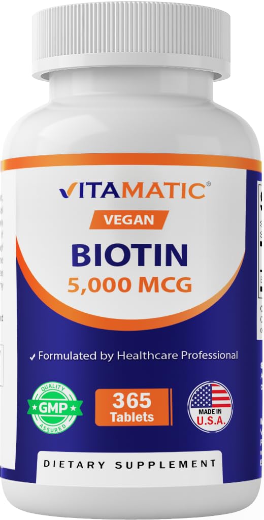 Vitamatic Biotin 5000 mcg (5 mg) voor Sterker haar, huid en nagels - 365 Vegan tabletten- Ook genoemd vitamine B7