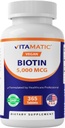 Vitamatic Biotin 5000 mcg (5 mg) voor Sterker haar, huid en nagels - 365 Vegan tabletten- Ook genoemd vitamine B7
