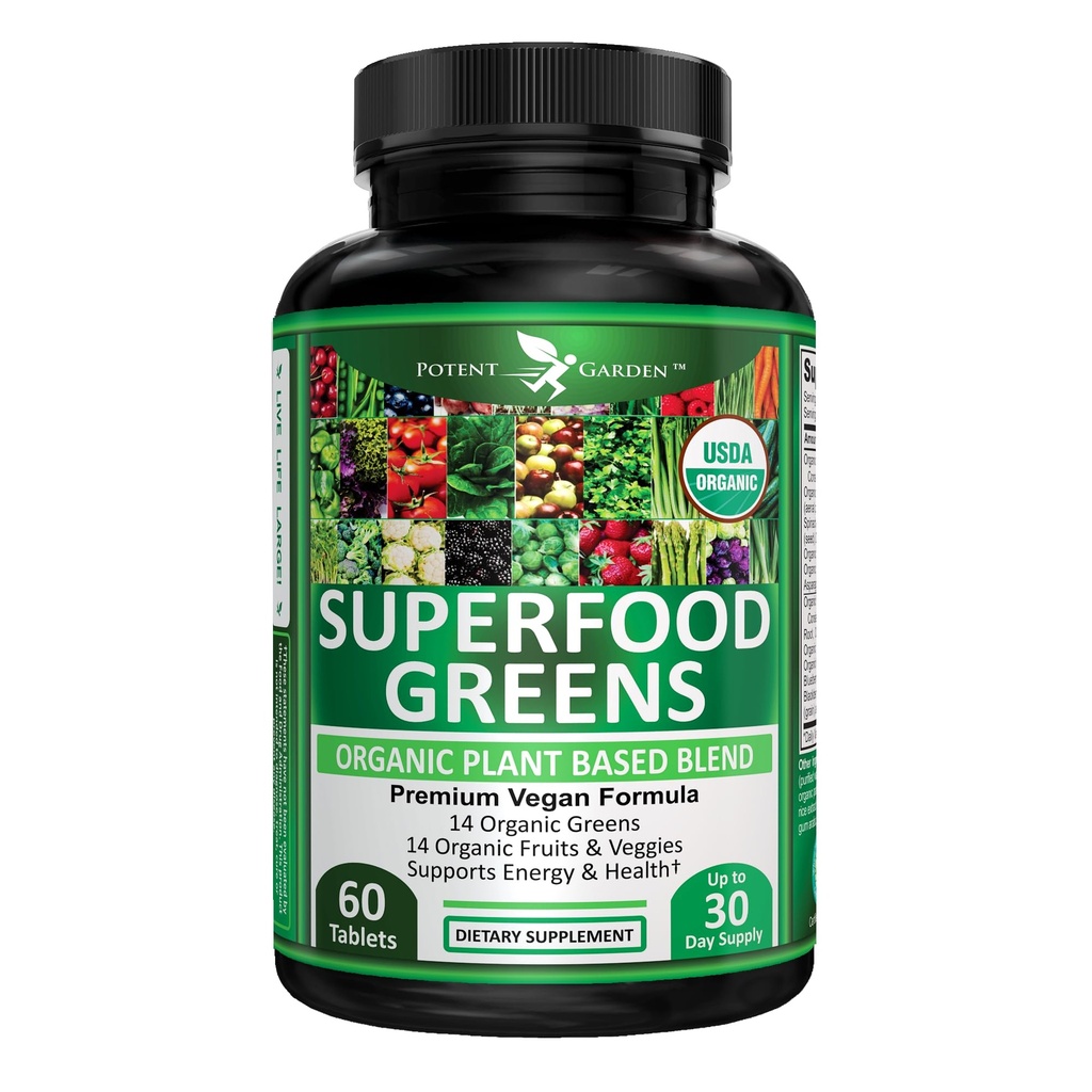 Potent Garden Organic Superfood Greens, Fruit and Veggies Supplement Rijk aan vitamines & antioxidanten met Alfalfa, Beetwortel & Tart Cherry om energie, immuniteit & Gut Health, Greens Tablets 60 Ct