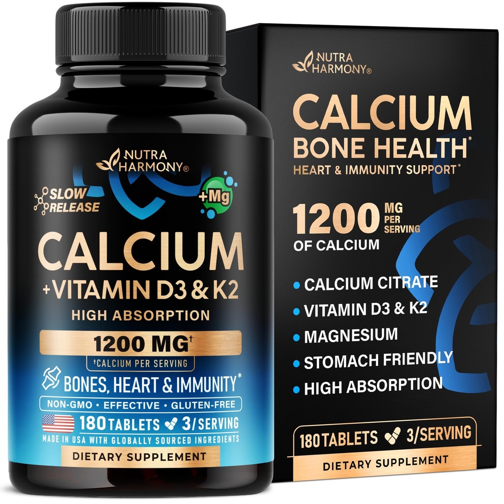Calcium 1200 mg met vitamine D3 - Calciumcitraatsupplementen voor vrouwen en mannen - Botgezondheid, sterkte en dichtheid - hoge absorptie en langzame afgifte - Lab getest, Made in USA - 180 tabletten, 60 dagen levering