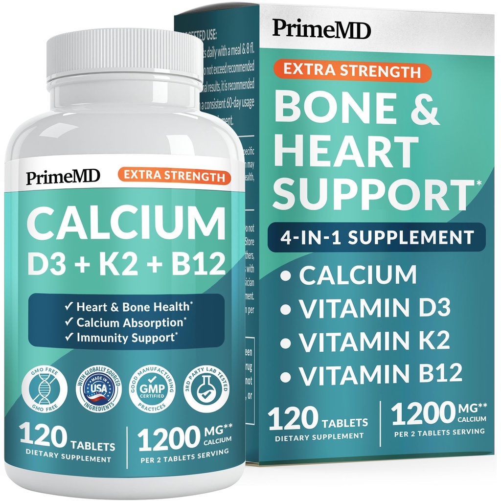 4-in-1 Calcium 1200 mg met vitamine D3 K2 - Extra sterkte Calciumsupplementen voor vrouwen en mannen met D3 K2 Vitamine 5000 IE - Dagelijks vitaliteitssupplement - Veganistisch-vriendelijk, Glutenvrij, Non-GMO (120ct)