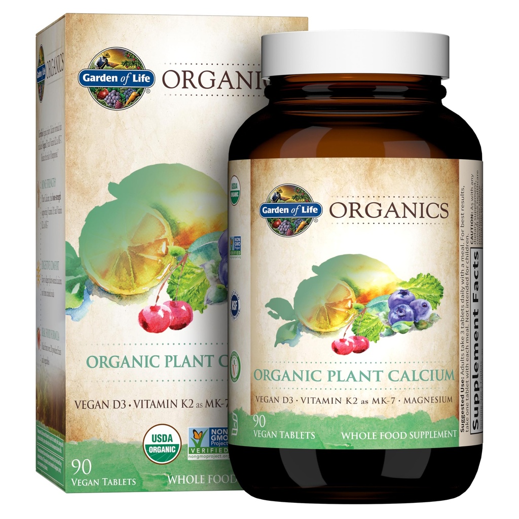 Supplément Calcium Jardin de Vie avec Magnésium et Vitamine Biologique D3 K2, Fabriqué à partir d'aliments entiers, sans gluten, 90 Compte