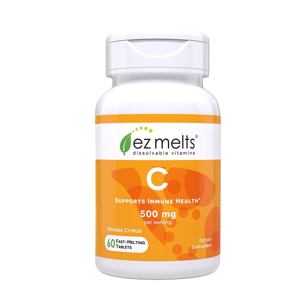 EZ Melts Vitamin C - Daily Vitamin for Antioxidant & Immune Support - No Artificial Flavors - Non-GMO & Sugar-Free - Orange Citrus - 60 Dissolvable Tablets (30 Servings)