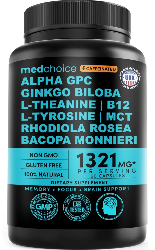 12-in-1 Nootropic Brain Supplement met Cafeïne Anhydraat: Ginkgo Biloba voor Hersenondersteuning, Geheugen en Focus - B12, Alpha GPC, L Theanine en Choline Supplementen met Bioperine met 1321mg (60ct)