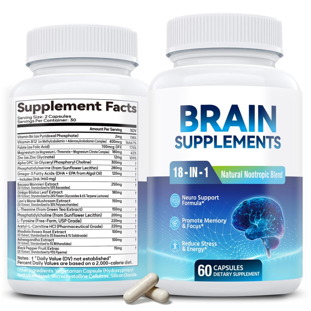 18-in-1 Hersensupplement voor Geheugen- en Aandachtscapsules met Alpha GPC, Bacopa, Ginkgo Biloba, Lion's Mane, Vitamine B6 & B12 